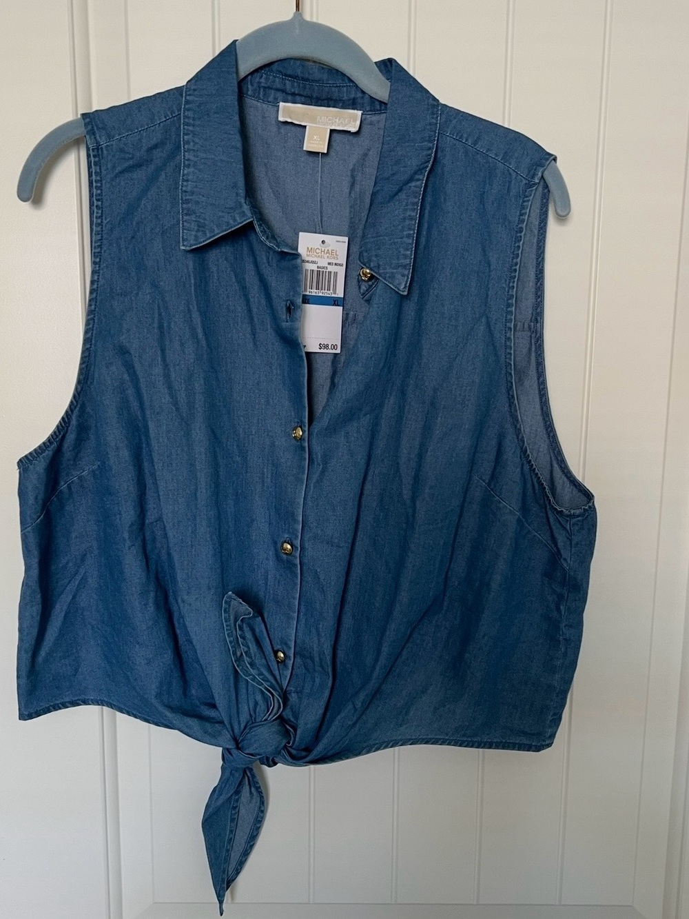 Michael Kors Sleeveless Chambray Button-Front Tie Shirt - Blue
